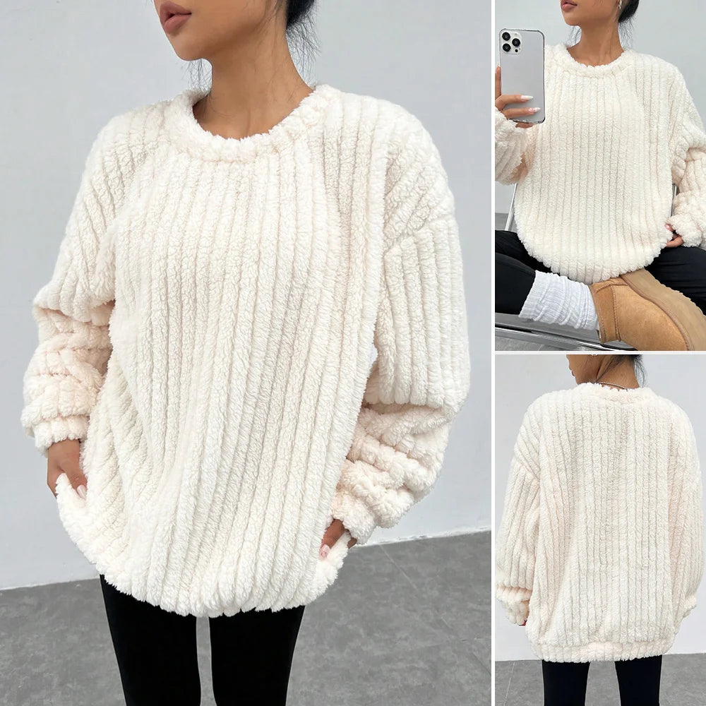 Women's Pullover Autumn Winter Simple Comfortable Plain Fleecing Drop-Shoulder Sleeve Crew Neck Daily Pullover