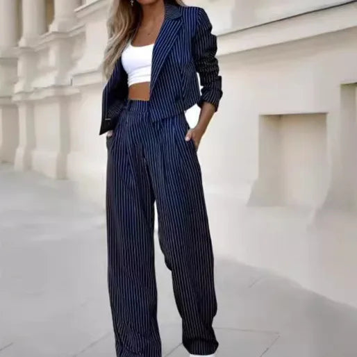 Two Piece Set Women Outfit Autumn Fashion Striped Notched Collar Long Sleeve Blazer Coat & Elegant Straight Leg Pants Set