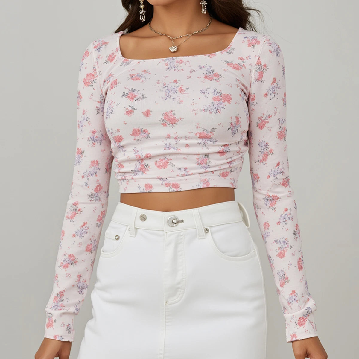 Women's T-Shirts Autumn Cute Youthful Fashion Dating Ditsy Floral Long Sleeve Square Neck Casual T-Shirts