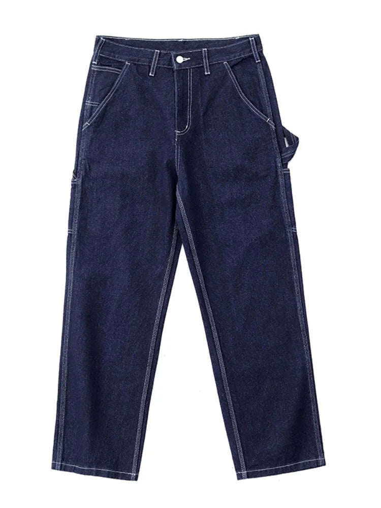 3903# Spring New American Retro Denim Carpenter Cargo Jeans Men's 100% Cotton Washed Loose Casual Multi-pocket Straight Pants
