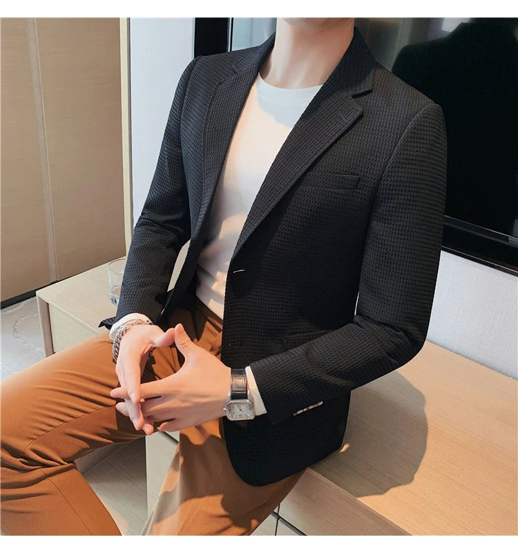 Men’s Waffle Plaid Blazer Coat, Hounds-Tooth Pattern, Wool-Blend Overcoat for Autumn & Winter - Lightweight, Stretchable