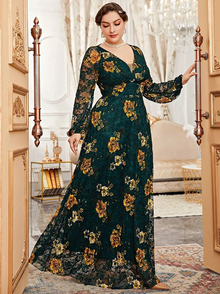 Spring Summer Lace Mesh Floral Print Lantern Sleeve Women Clothing 2024 New Plus Size Luxury Elegant Party Evening Dress