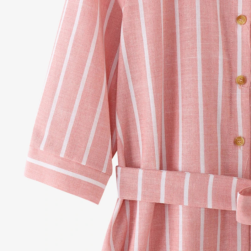 Women Striped Shirt Dress Elegant Lapel Neck 3/4 Sleeve A-line Midi Dresses 2025 Summer Tie-Waist Robes Femme Vestidos