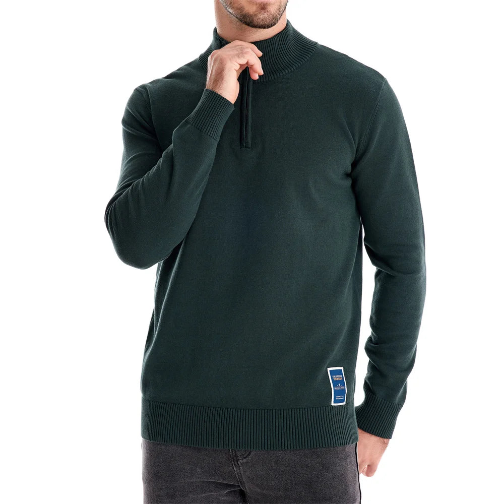 Men's Quarter Zip Cotton Pullover Sweaters Solid Colour Casual Social Knitted Mock Neck Polo Sweaters for Men