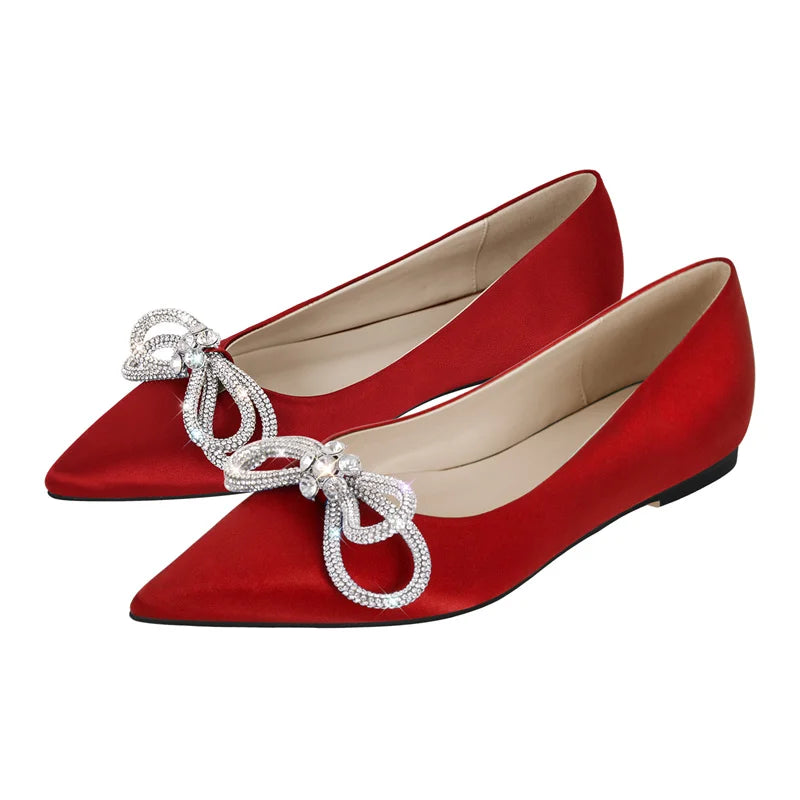 Woman Flats Pointed Toe Blue Rhinestones Bow Clear Flat Daily Elegant Female Slip On Shoes