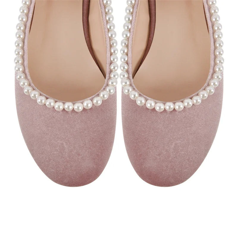 Women Velvet Pearls Flats Round Toe Pink Strap Retro Elegant Big Size Slip On Daily Flats
