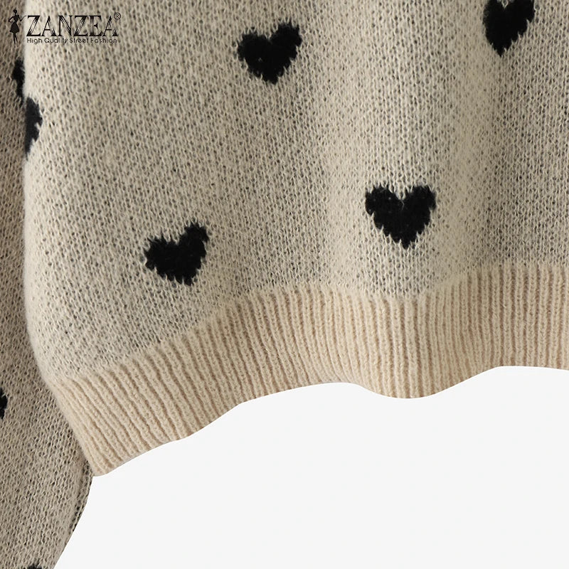 Women Loose Knitted Sweaters 2025 Spring Autumn Lantern Sleeve O Neck Heart Pattern Pullovers Streetwear Stylish Tops