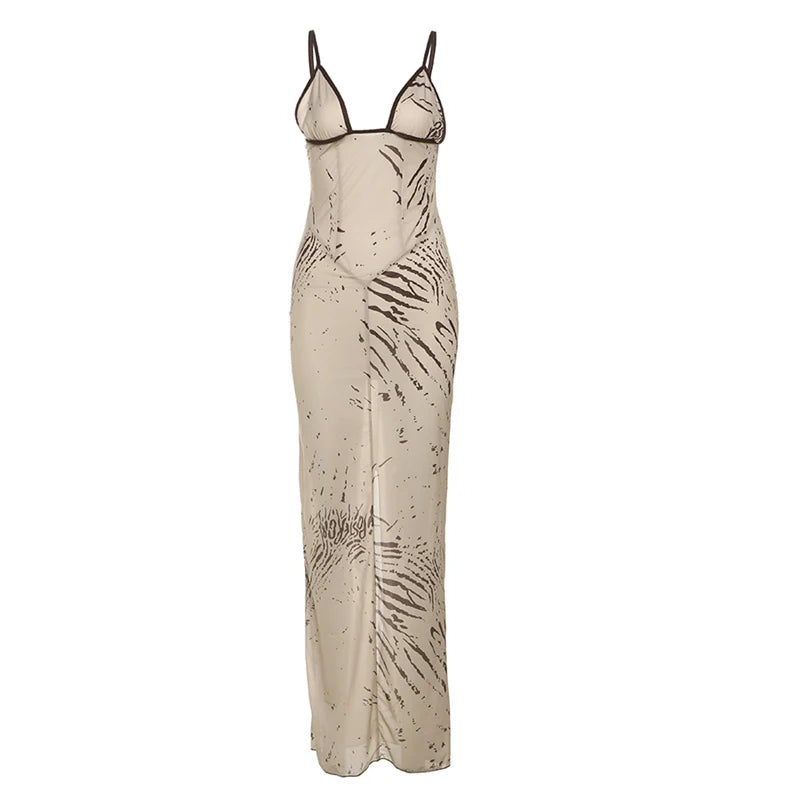 Tie-dye Print Dress Women Sexy Low-Neck Skinny Sleeveless Backless Skinny Vacation Beach Club Party Classic Vestidos