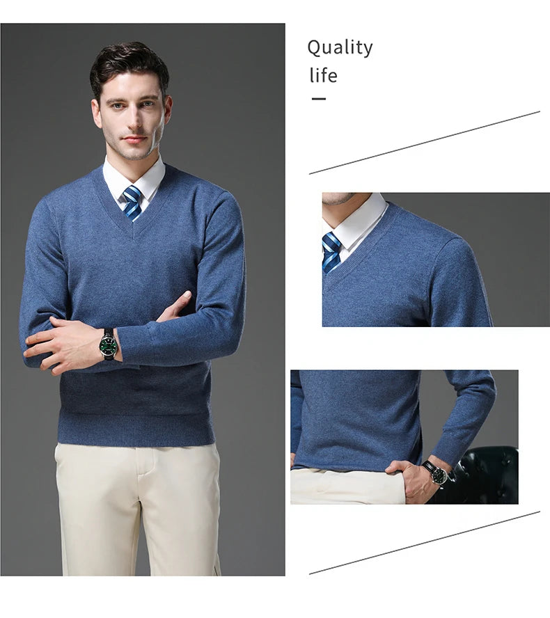 Men's Warm V-Neck Solid Colour Sweater, Autumn & Winter Stretch Top, Daily Leisure Pullover Knitwear, Male Business Casual
