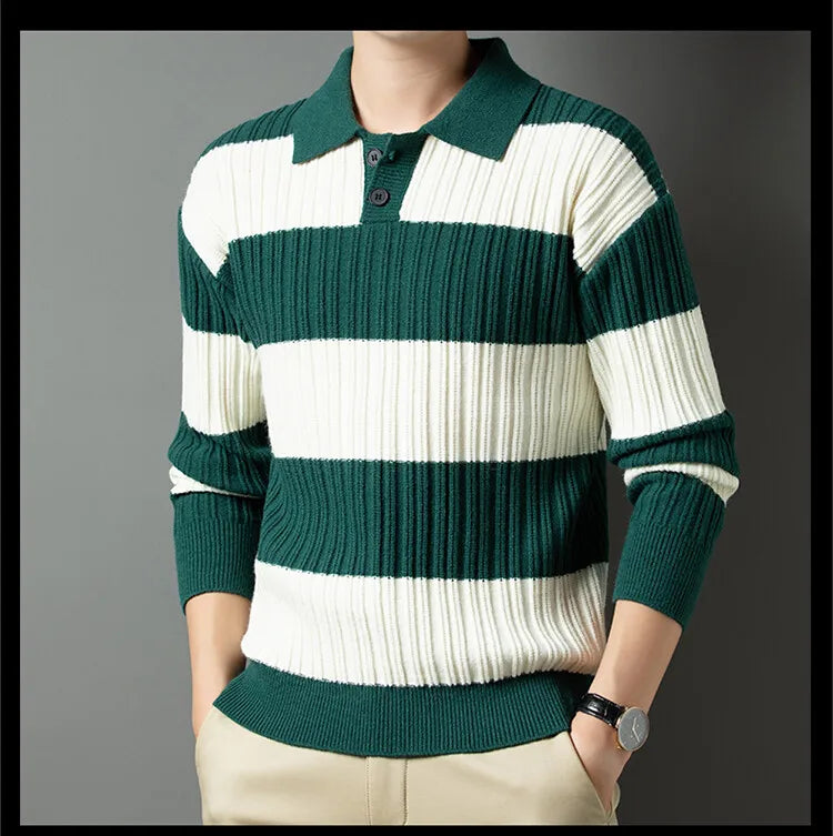 Men's Polo Shirt Luxury Pullover Sweater Fashion Thick Warm Sweater Striped Casual T-shirt, Male Top Loose Knitwear