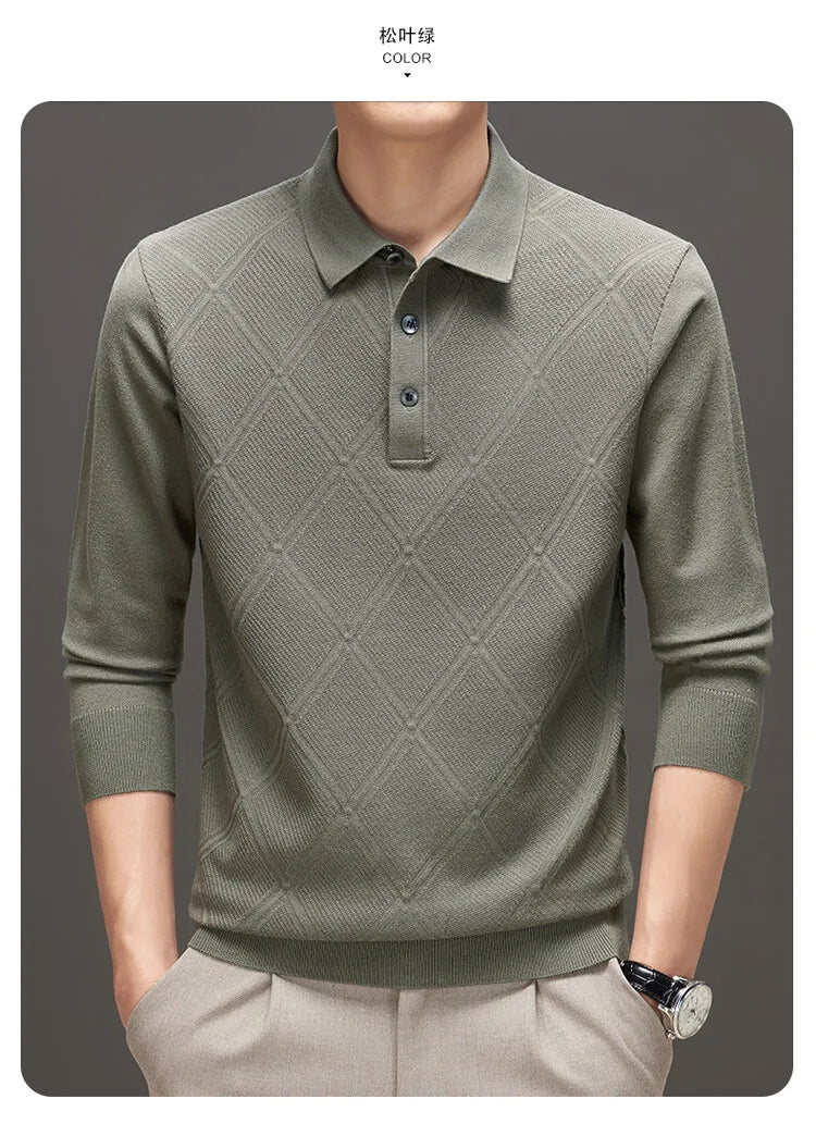 Men's Solid Colour Geometric Pattern Warm Polo, High Quality Woollen Sweater, Suitable For Business Casual & Daily Commute