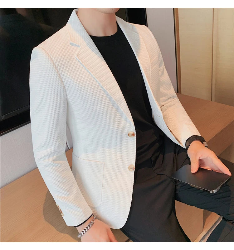 Men’s Waffle Plaid Blazer Coat, Hounds-Tooth Pattern, Wool-Blend Overcoat for Autumn & Winter - Lightweight, Stretchable