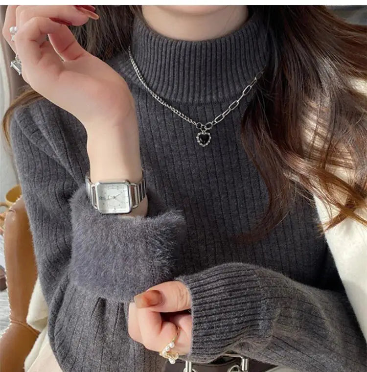 Women's Turtleneck Sweater Winter Retro Red With Velvet Lining Thickened Inner Wear Thermal Knitting Bottoming Shirt