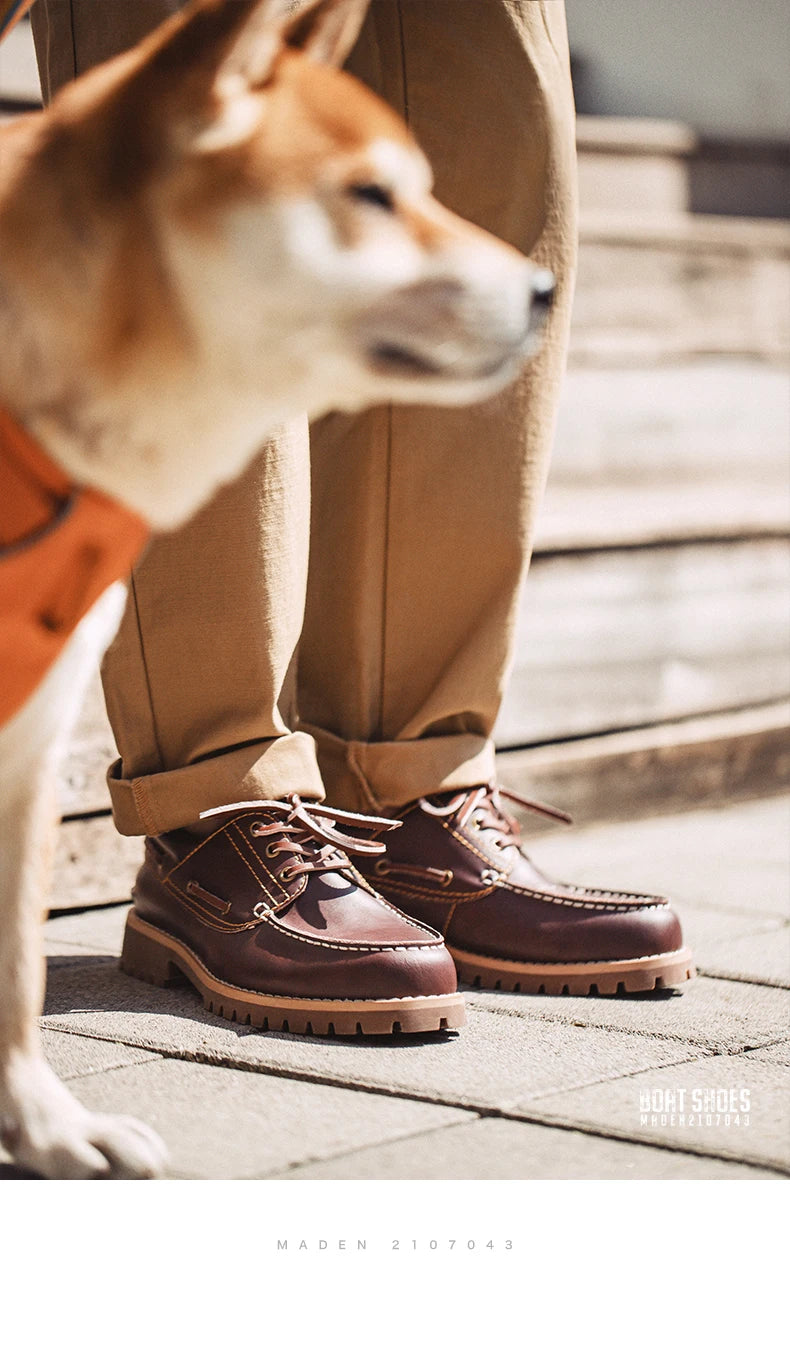 Men's Vintage Second-layer Cowhide Boat Shoes Genuine Leather Derby Shoes Round Toe Low Top Boots British Style Work Shoes
