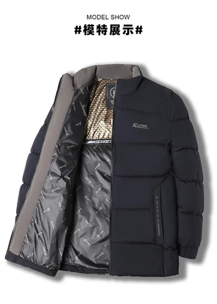 Men's High-Quality Solid Colour Business Casual Thickened Warm Cotton Jacket With Standing Collar Suitable For Male Daily Commute
