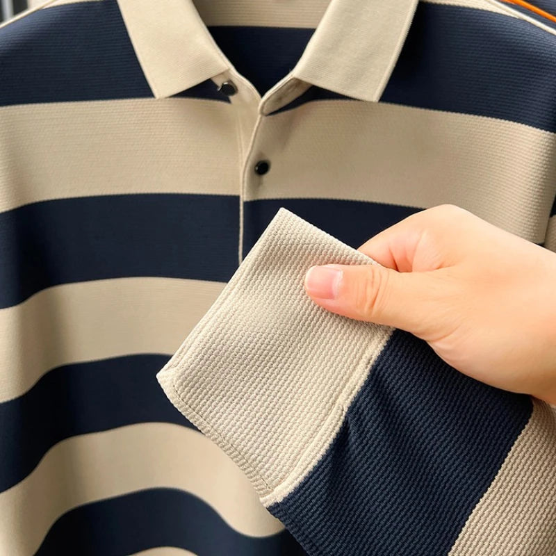 Men's Autumn Long Sleeve Polo Shirt Colourful Striped, Stretchy Double-sided Pique Knit Fabric