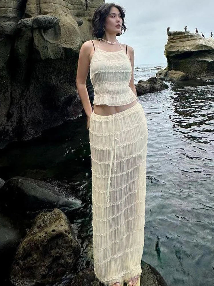 Sexy See-Through 2 Piece Set Women Lace-Up Halter Backless Crop Tops + Ruched Elegant Skirts Vacation Beach Party Suits
