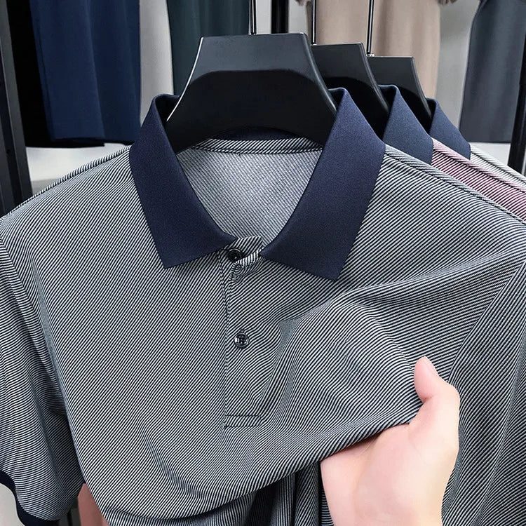 Men’s Breathable Polo Shirt – Stretch Fabric & Striped Design for Office/Casual Use Elastic Comfort and Classic Collar M-4XL