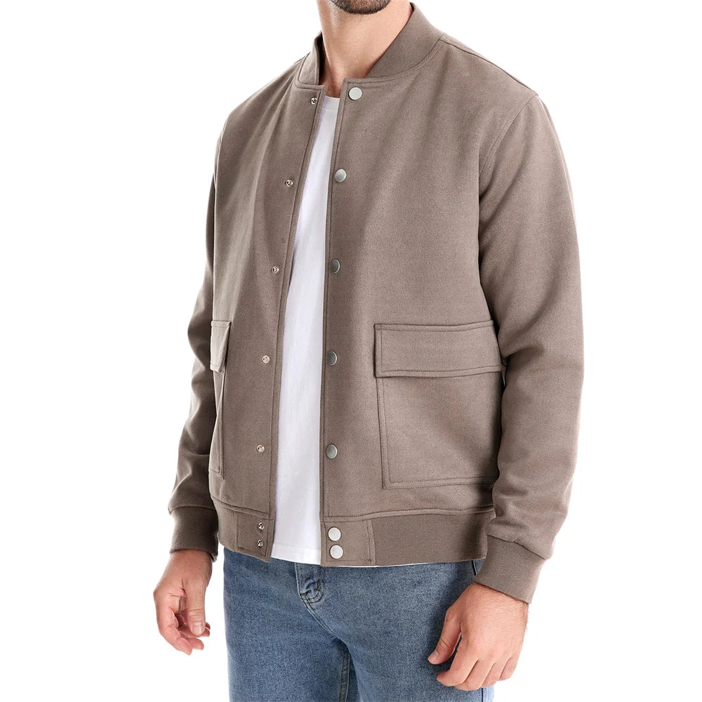 Men's Suede Button Up Bomber Jackets Crew Neck Button-Up Baseball Casual Business Outwear Jacket For Men