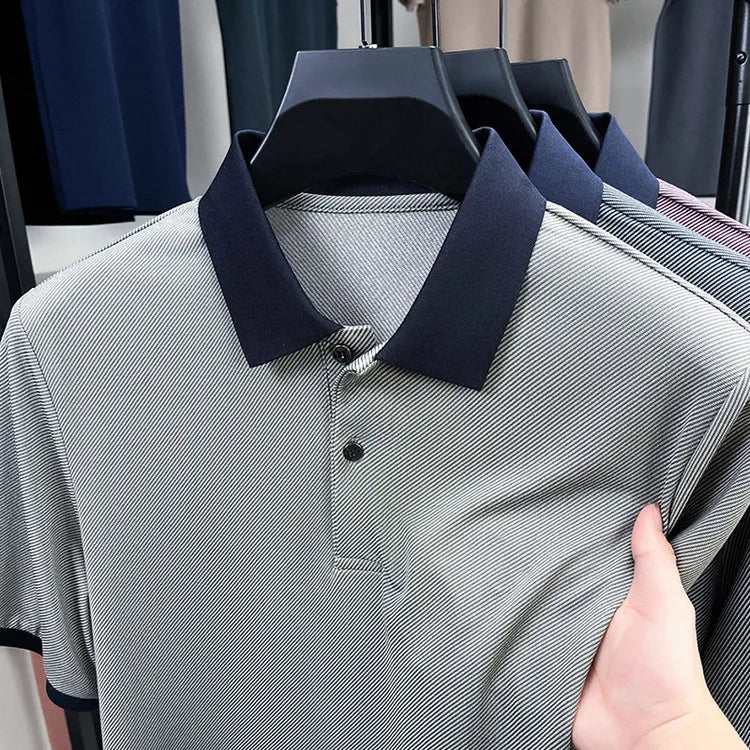 Men’s Breathable Polo Shirt – Stretch Fabric & Striped Design for Office/Casual Use Elastic Comfort and Classic Collar M-4XL