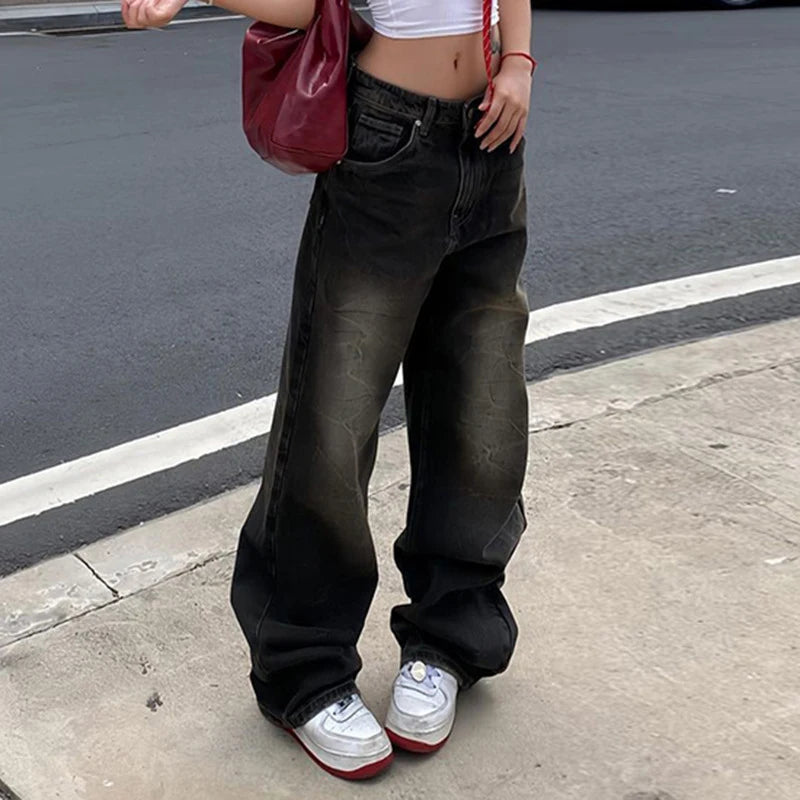 Women's American Vintage Loose Black Jeans Streetwear High Waist Straight Wide Leg Pants Casual Simple All-match Denim Pants