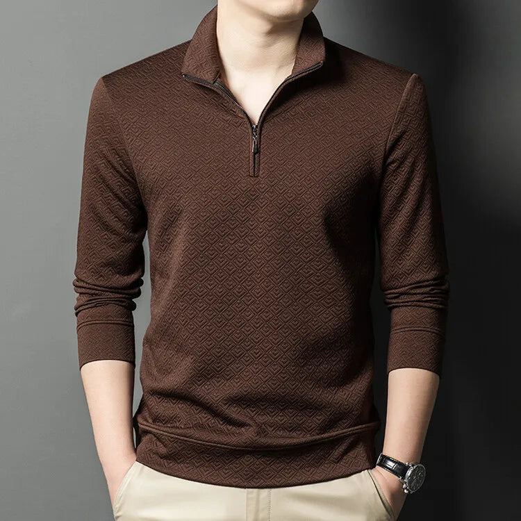 Men's Zipper Stand-Up Collar Long Sleeve T-shirt, Autumn & Winter Fashion Brand Loose Pullover With Advanced Geometric Jacquard Fabric