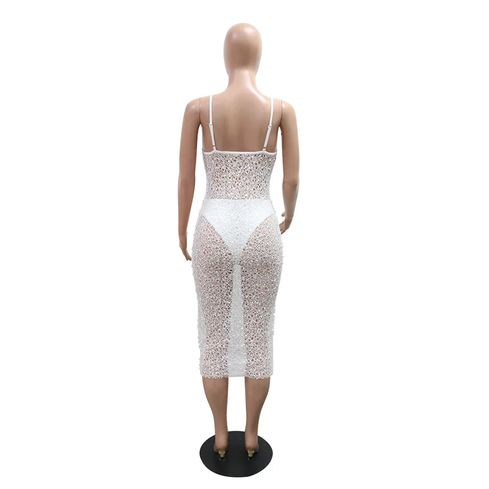 Women's Sexy See Through Sheer Mesh Sleeveless Spaghetti Strap Sequin Decor V Neck Dress with Briefs
