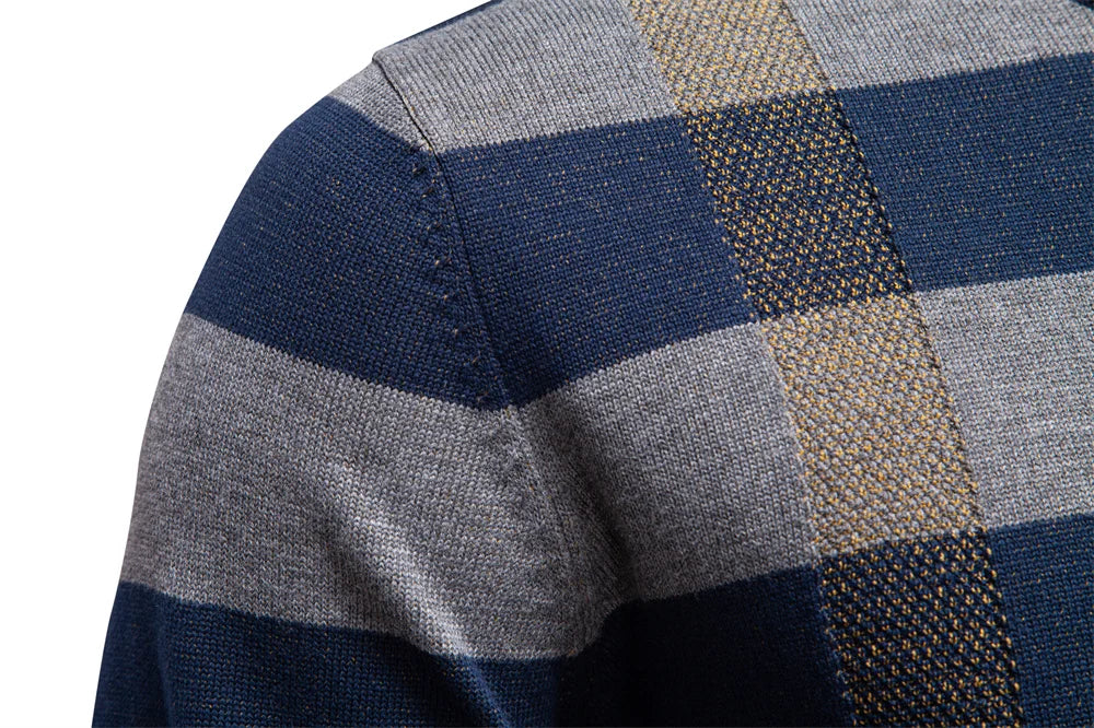 Men's Contrast Colour Sweater Striped Crewneck Pullover Warm Knitted Cotton Blend Luxury Winter Male Sweater
