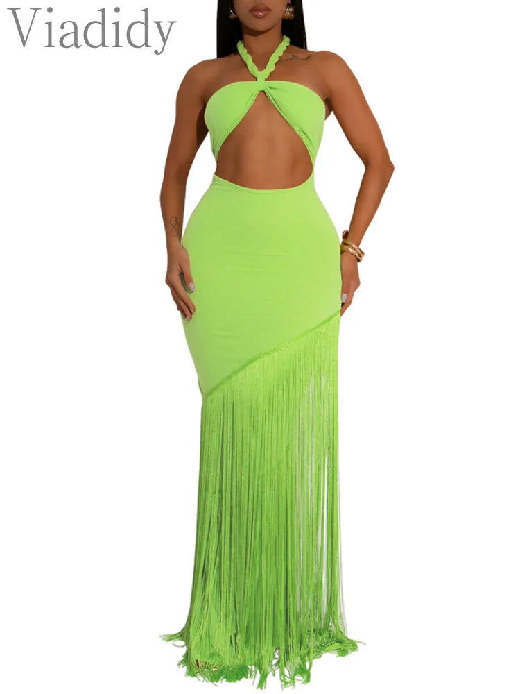 Women's Sexy Solid Color Hollow-out Halter Sleeveless Tassels Decor Backless Party Dress