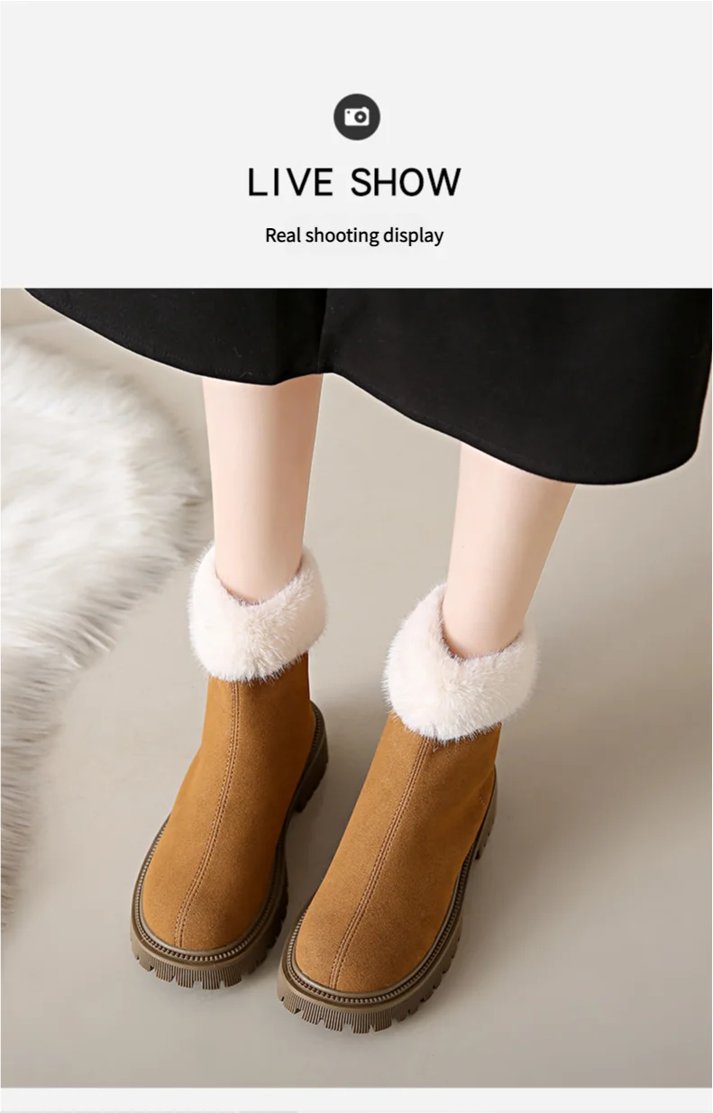 Women's Winter Boots 2024 New Fashion Velvet Lined Solid Color Ankle Square Heel Round Toe Outdoor Snow Boots Thick Soles Zipper