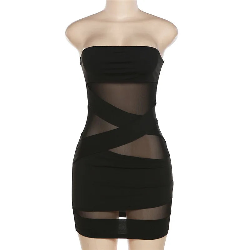 Midnight Dress See-Thought Mesh Patchwork Bandage Wrapped Chest Women Sexy Hip Wraps Dresses Female Partywear Clothing