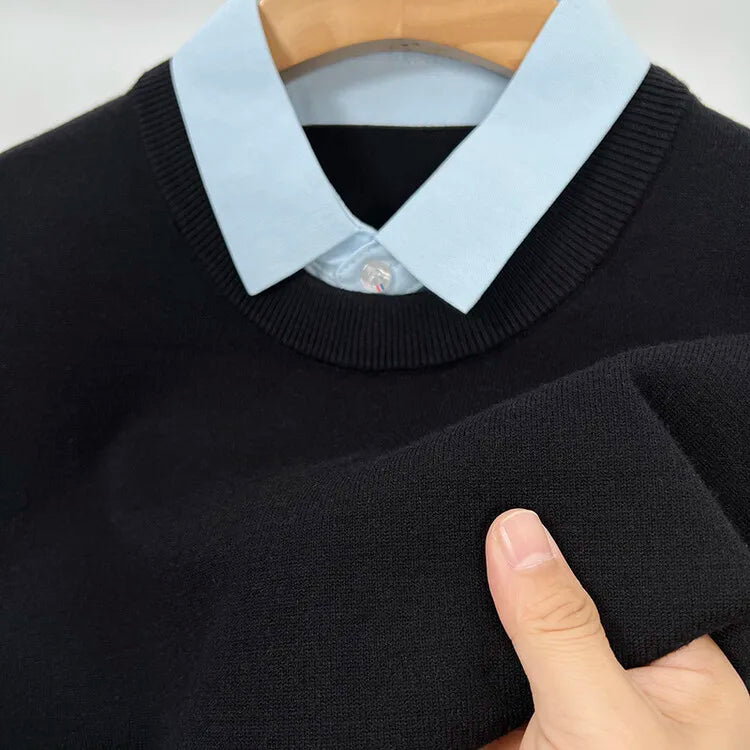 Unisex Knit Sweater Dark Navy False Two-Piece Design Thickened Layered Look With Built-in Collar Soft Touch & Warm Sweater For Men & Women