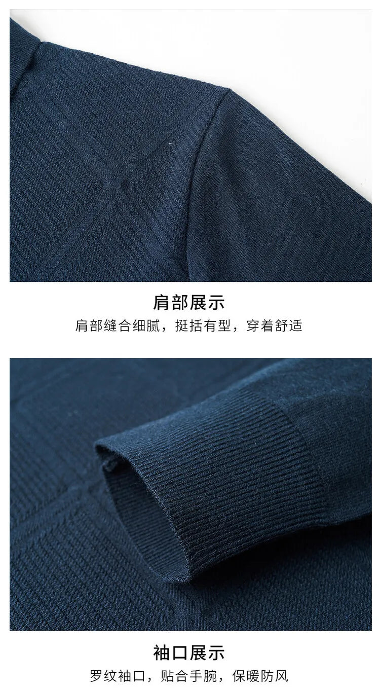 Men's Solid Colour Geometric Pattern Warm Polo, High Quality Woollen Sweater, Suitable For Business Casual & Daily Commute
