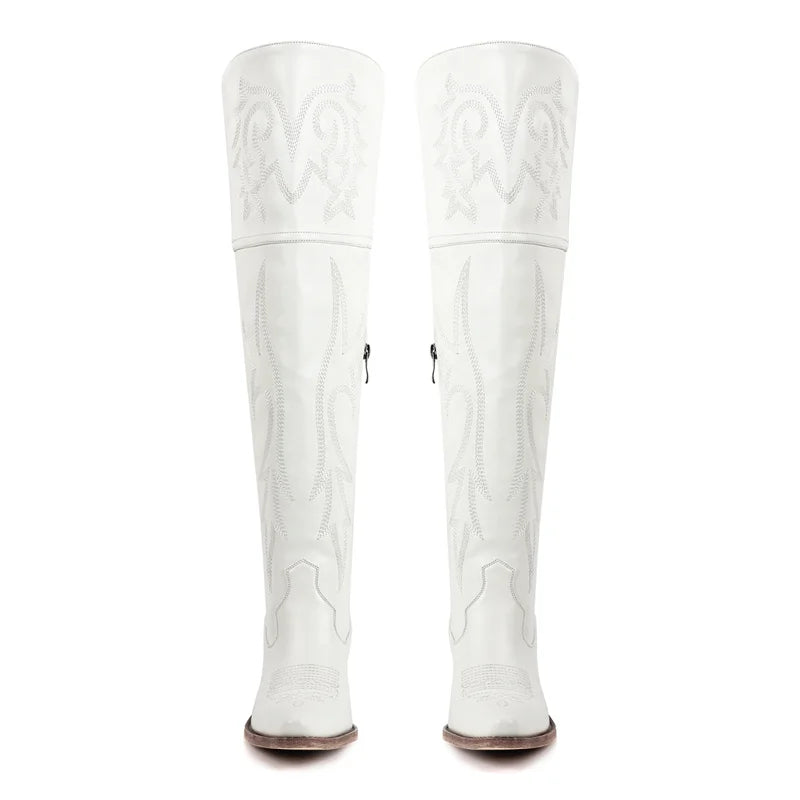 Winter Women Black Brown Knee High Boots Pointed Toe Chunky Pull On Embroidered Thick Heels Boots Zipper Large Size