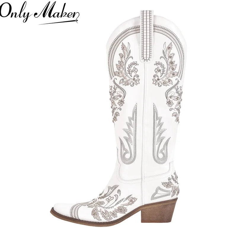 Women Pointed Toe Embroidered White Western Cowboy Boots Block Heel Pull-On Cowgirl Booties
