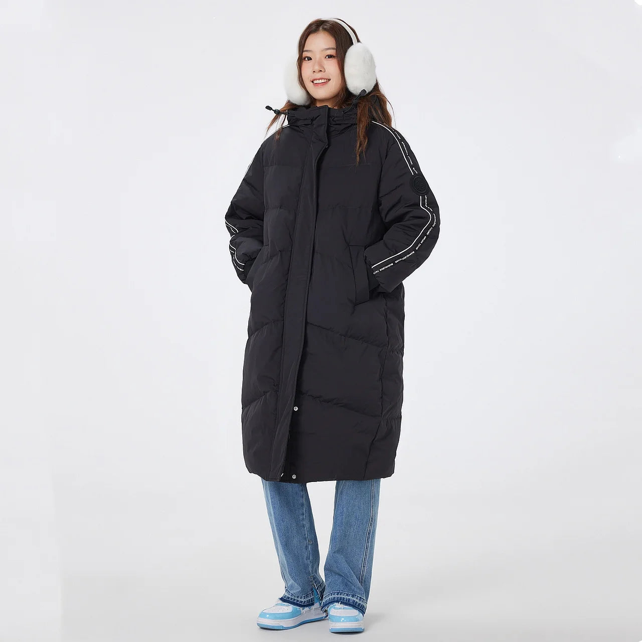 Women's Long Puffer Coat With Striped Webbing, Oversized Straight-Cut Sporty Style, Duck Down Thick Warm Jacket