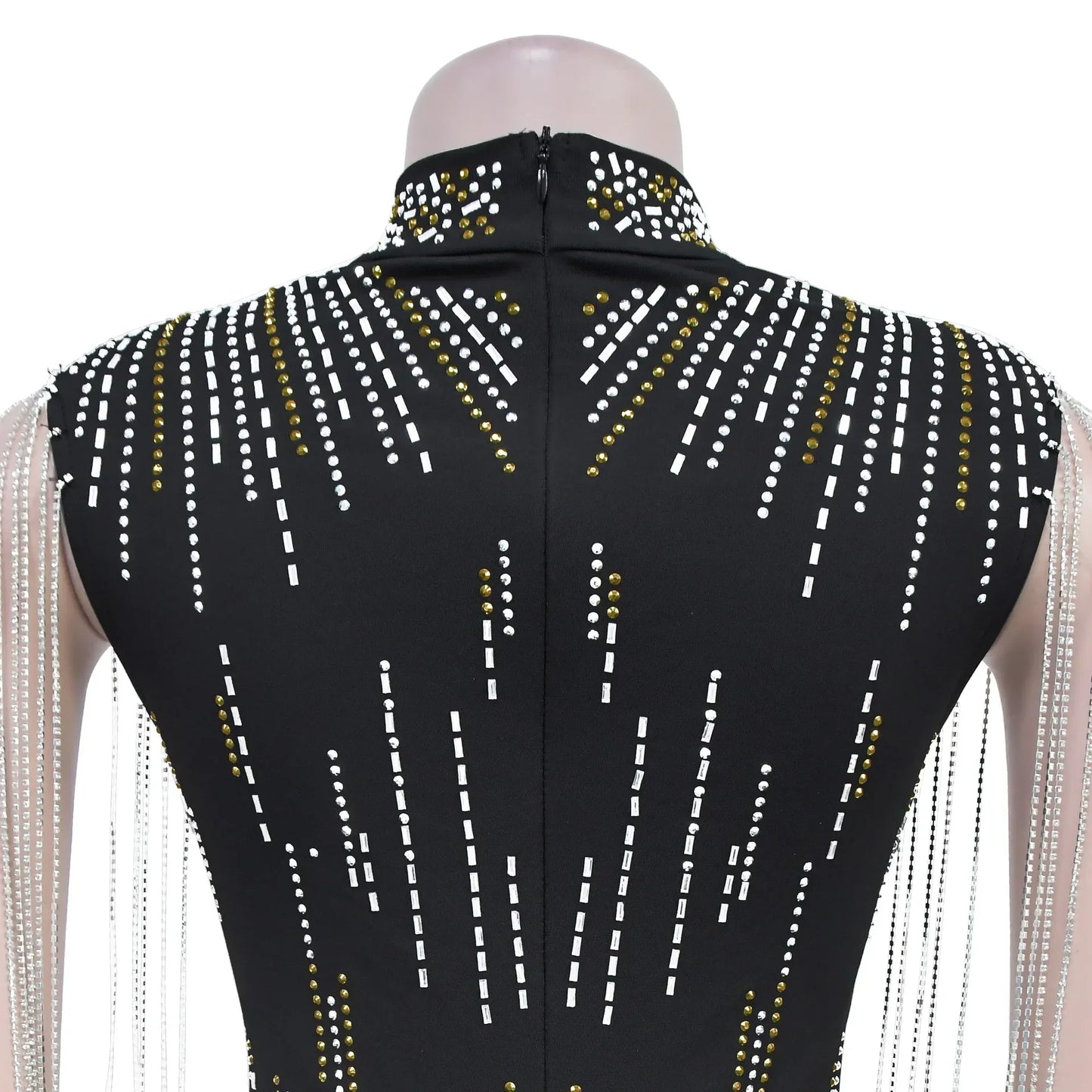 Sexy Sleeveless Rhinestone Decor Tassels Hollow Out Mini Dress