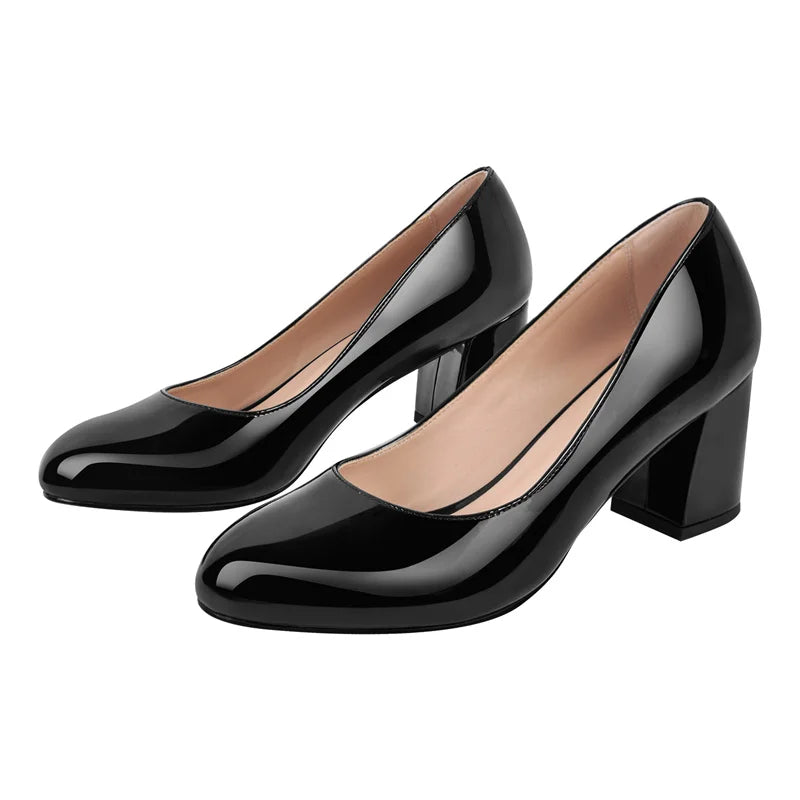 Women Pumps Black Round Toe Block Classic Slip On Thick Heel Office Dress Elegant Handmade Chunky Shoes