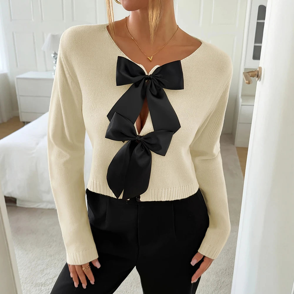 Autumn Cardigan 2025 Women's Mature Vibe Plain Bowknot Long Sleeve V-Neck Regular Fit Daily Basic Cardigan
