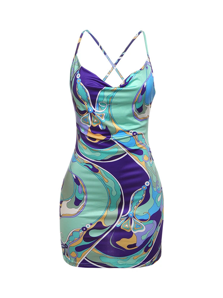 Women's Y2K Backless Dress Sleeveless Colorful Print Tight Mini Summer Sexy Clubwear High Stretch Polyester Spandex