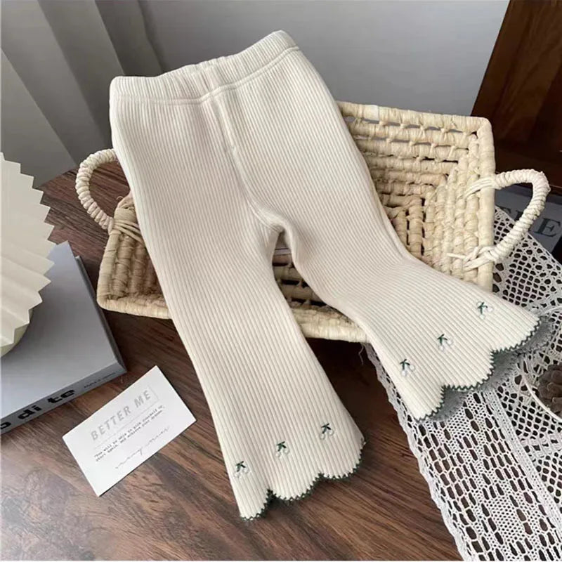 New Winter Girls Leggings Children Cute Embroidered Cherry Render Pants Kids Pit Strip Fleece Padded Bell-bottoms 4-6Y Girls