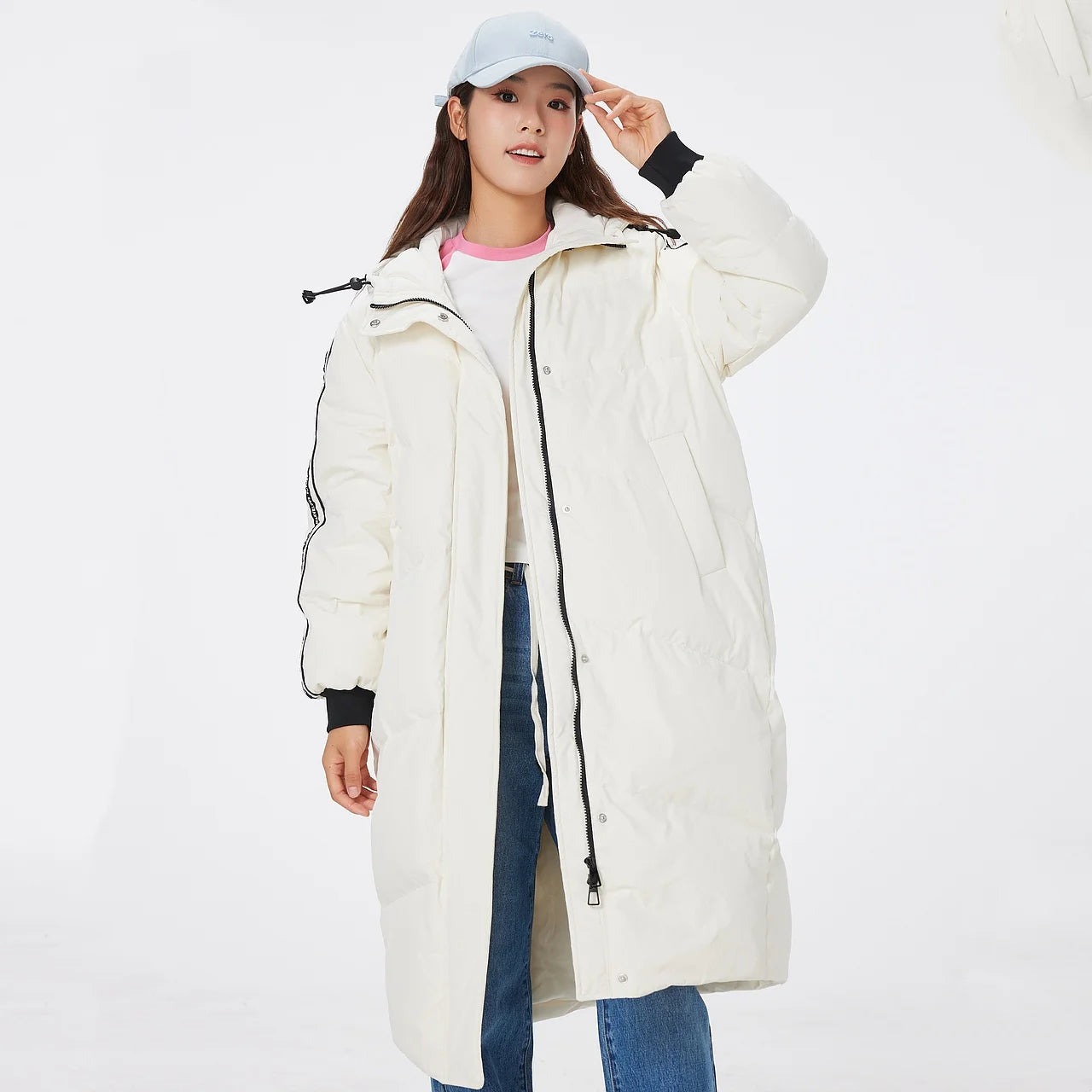 Women's Long Puffer Coat With Striped Webbing, Oversized Straight-Cut Sporty Style, Duck Down Thick Warm Jacket