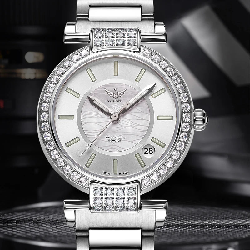 Yelang V1026 Women's Mechanical Watch – NH35 Japan Movement, 10 BAR Waterproof, Luxury Stainless Steel Wristwatch with Watch Ring – Reloj Mujer