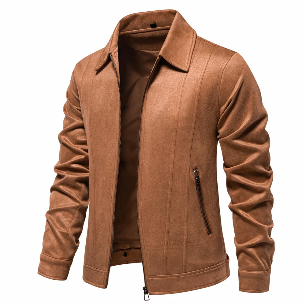 Men's Brown Suede Turn Down Collar Jacket Casual Business Faux Leather Trucker Jackets Coat For Men