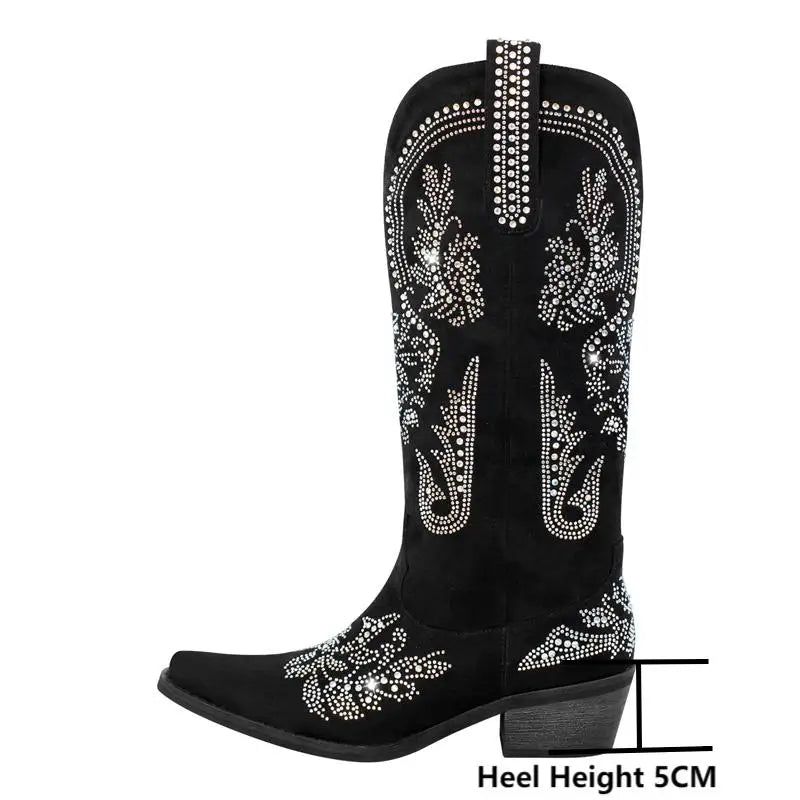 Women Pointed Toe Rhinestone Western Cowboy Boots Black Female Wide Mid Calf Boots
