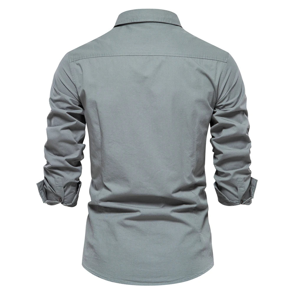 Men's Autumn Military Style 100% Cotton Pocket Shirt Solid Colour Slim Casual Long Sleeve Male Shirt For Men
