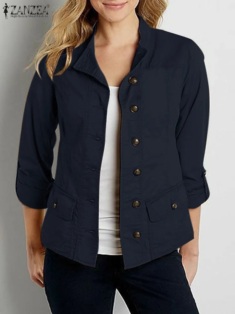 Fashion OL Jackets Woman Long Sleeve Stand Collar Outerwear Autumn Vintage Party Work Wear Female Elegant Button UP Coats
