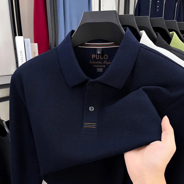 Men's Autumn 100% Breathable Cotton, Long-Sleeve Polo Shirt - Classic Cotton Collared T-Shirt With Business Casual Design