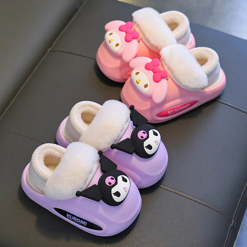 Girls' Home Fur Slippers Kawaii Anti-Skid Warm Cotton Cartoon Plush Waterproof Home Winter Shoes Size 24-41