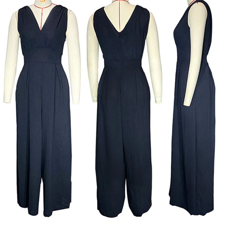 Women Solid Color V-Neck Sleeveless Side Pockets Wide Leg Jumpsuit